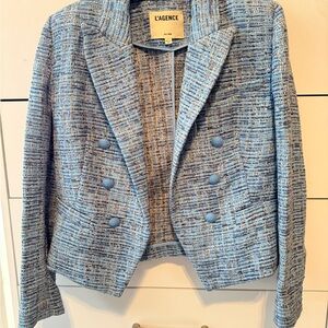 L'AGENCE Light Blue Tweed Double-Breasted Cropped Blazer